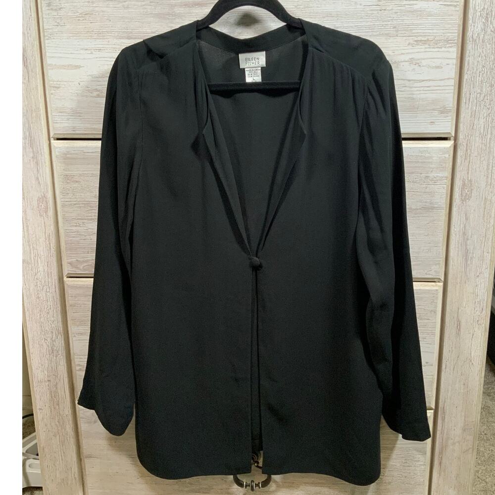 Eileen Fisher Black 100% Silk One Button Cardigan Minimalist XL Extra Large